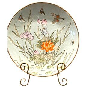 Vintage Plate Asian Hand-Painted Lotus Dragonfly Lily Gold Rim‎ Stand 10.5 Green